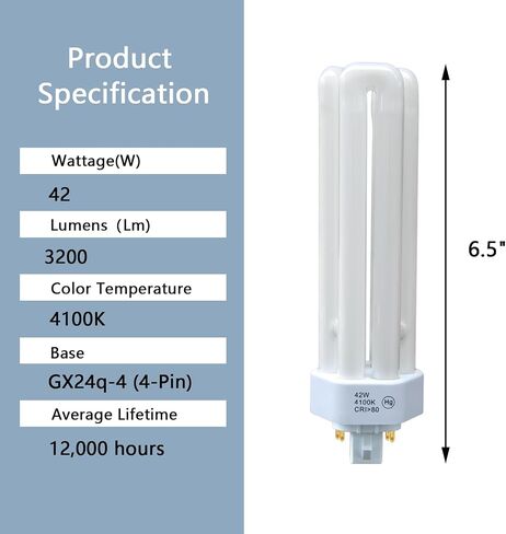 PLT-42W 841،4 PIN GX24Q-4 ، 42 واط 4100K الأنبوب الثلاثي ، لمبة ضوء الفلورسنت ، يحل محل Philips PLT-C42W/41/Alto ، Sylvania CF42DT/E/في/841/ECO (2Pack) in Kuwait