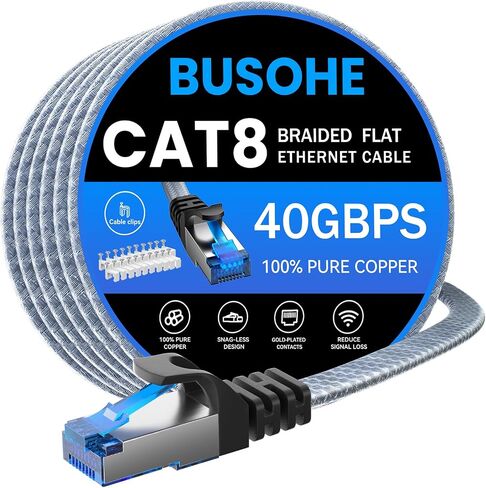 Cat 8 Ethernet Cable 50 ft, Nylon Braided High Speed Heavy Duty Network LAN Patch Cord, 40Gbps 2000Mhz SFTP Shielded RJ45 Flat Internet Cable for TV/PC/Router, in Wall, Indoor, Outdoor in Kuwait
