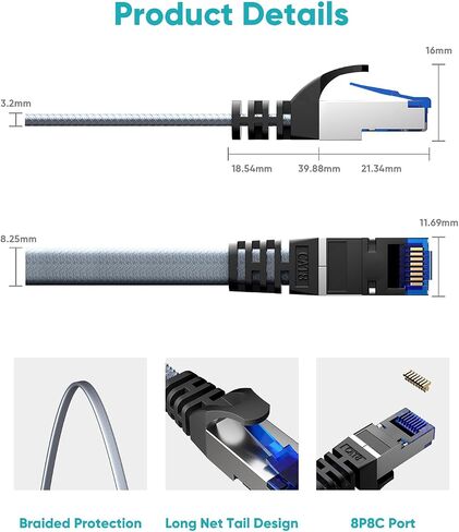 Cat 8 Ethernet Cable 50 ft, Nylon Braided High Speed Heavy Duty Network LAN Patch Cord, 40Gbps 2000Mhz SFTP Shielded RJ45 Flat Internet Cable for TV/PC/Router, in Wall, Indoor, Outdoor in Kuwait
