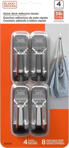 BLACK+DECKER Solid Wall Hooks, Quick Stick Adhesive, Removeable, 4 Wall Hooks, 8 Adhesive Strips, Hang Decorations Without Damaging Walls, up to 3 lbs., Chrome in Saudi Arabia