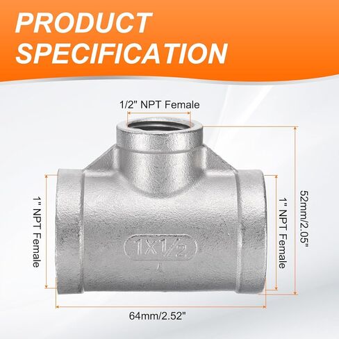 HARFINGTON Tee Pipe Fitting (1/2" x 1" x 1") NPT Female 304 Stainless Steel t Shaped Reducer 3 Way T-Connector for Industrial Connection Water Air Gas Oil Fuel in Saudi Arabia