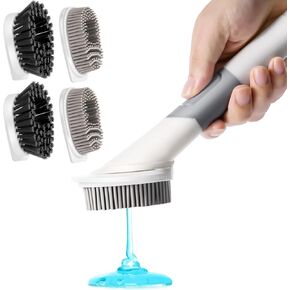 Soap Dispensing Dish Brush with 4 Replacement Heads (2 Silicone +2 Bristle), Kitchen Dish Wand Handle Scrubber Set, Silicone Dish Scrubber for Cleaning Dishes in Kuwait
