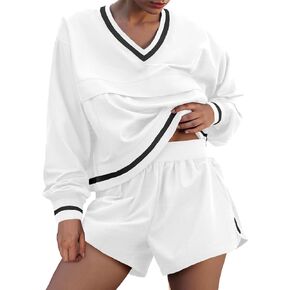 Fisoew Womens 2 Piece Outfits Long Sleeve V Neck Sweatshirt High Waist Running Shorts Sets Loose Fall Workout Tracksuits in Saudi Arabia