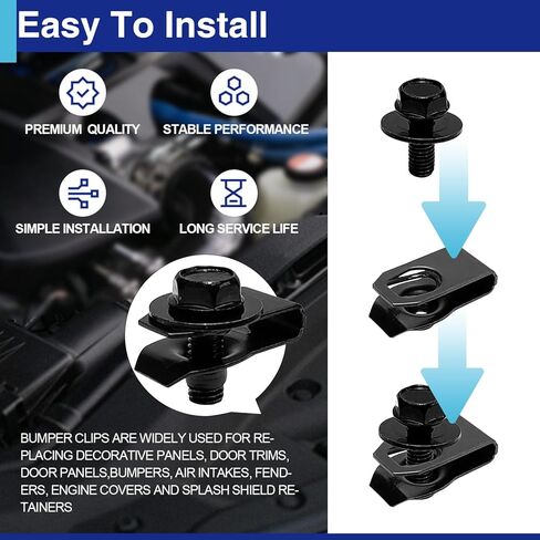 100 PCS Automotive Body Bolts and U-nut Clamp Kit Bumper Fender Liner Pull Metal Rust-Resistant U Retainer Universal Fastener Accessories Size U-Nuts 1′/0.52′/0.47′ and Bolts 0.46′/0.85′ M6-1 in Kuwait
