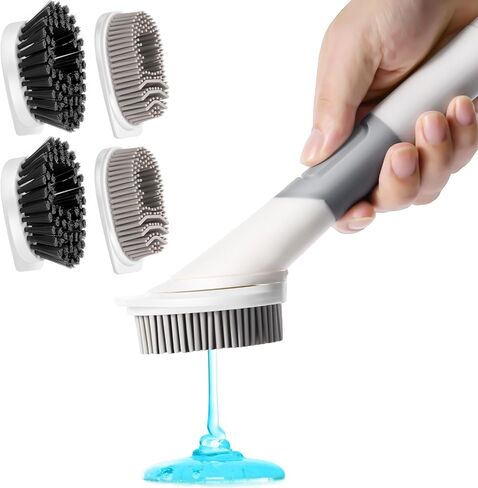Soap Dispensing Dish Brush with 4 Replacement Heads (2 Silicone +2 Bristle), Kitchen Dish Wand Handle Scrubber Set, Silicone Dish Scrubber for Cleaning Dishes in Kuwait