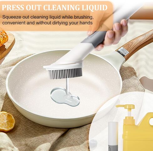 Soap Dispensing Dish Brush with 4 Replacement Heads (2 Silicone +2 Bristle), Kitchen Dish Wand Handle Scrubber Set, Silicone Dish Scrubber for Cleaning Dishes in Kuwait