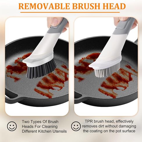 Soap Dispensing Dish Brush with 4 Replacement Heads (2 Silicone +2 Bristle), Kitchen Dish Wand Handle Scrubber Set, Silicone Dish Scrubber for Cleaning Dishes in Kuwait