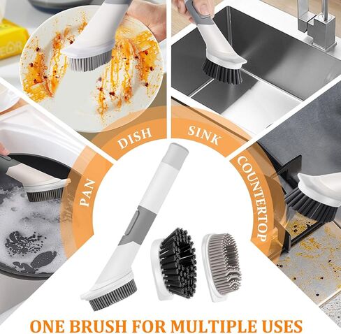Soap Dispensing Dish Brush with 4 Replacement Heads (2 Silicone +2 Bristle), Kitchen Dish Wand Handle Scrubber Set, Silicone Dish Scrubber for Cleaning Dishes in Kuwait