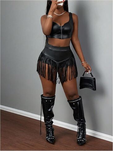 Women's Tassel PU Leather Mini Shorts Fringe High Waisted Club Party Shorts Hot Pants Rave Clubwear in Saudi Arabia