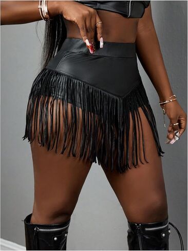 Women's Tassel PU Leather Mini Shorts Fringe High Waisted Club Party Shorts Hot Pants Rave Clubwear in Saudi Arabia