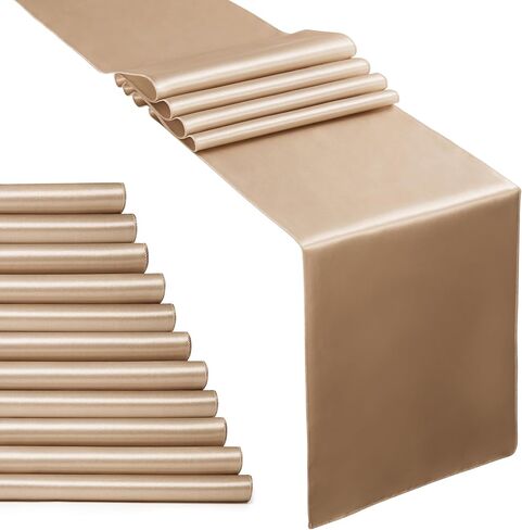 12pcs Taupe Satin Table Runners 12" x 108", Elegant and Smooth Silky Fabric Table Decor for Wedding Banquet Birthday Decoration in Saudi Arabia