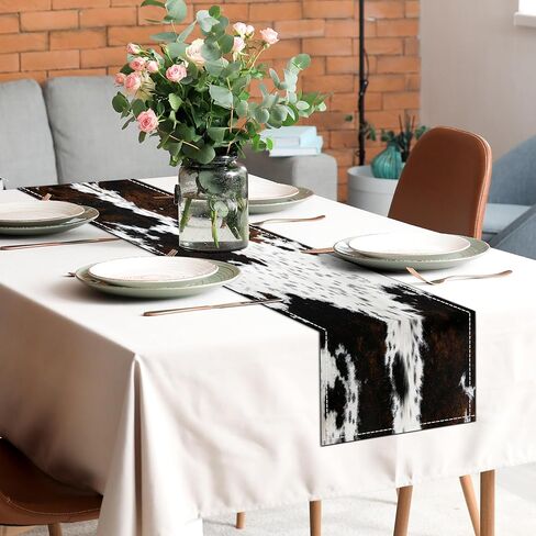 Western Cowhide Table Runner Black Brown Cow Print Table Runners Western Home Decor for Wedding Party Dinner Table Decorations 13 x 71 Inch (13x71 Inch, Black Cowhide Print) in Kuwait