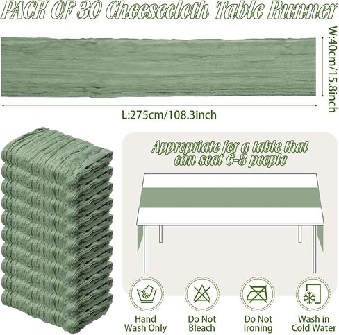 30 حزمة Sage Green CheesectOmloth Table Runner 16 × 110 بوصة شاش ريفي بوهو بوليستر طاولة زفاف العدائين لزخارف حفل زفاف عيد ميلاد in Saudi Arabia