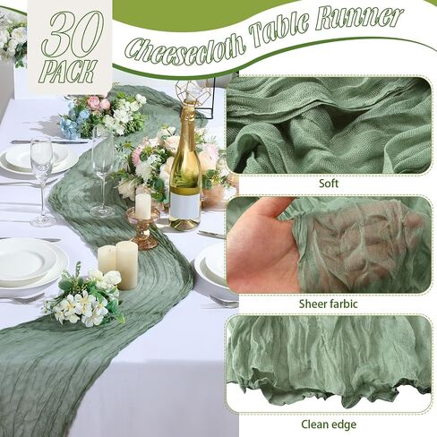 30 حزمة Sage Green CheesectOmloth Table Runner 16 × 110 بوصة شاش ريفي بوهو بوليستر طاولة زفاف العدائين لزخارف حفل زفاف عيد ميلاد in Saudi Arabia