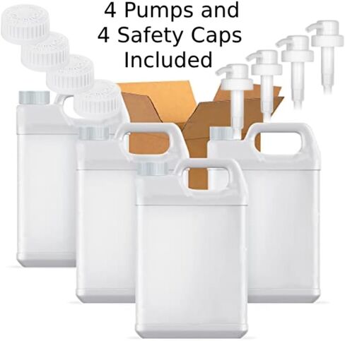 1 جالون بلاستيكي ، إبريق من طراز F (4 عبوات) آمنة للأغذية ، حاويات HDPE الشاقة للمياه ، الصلصات ، الصابون ، المنظفات ، السوائل مع غطاء أمان المسمار وغطاء المضخة (أبيض ، جالون 1) (4 عبوات) in Kuwait