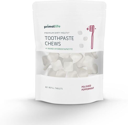Primal Life Organics Premium Dirty Mouth Toothpaste Chews – Nano-Hydroxyapatite Whitening Toothpaste Tablets for Adults - Gluten Free, Vegan, Paleo - 60 Tablets in Jar - Polished Peppermint in Kuwait