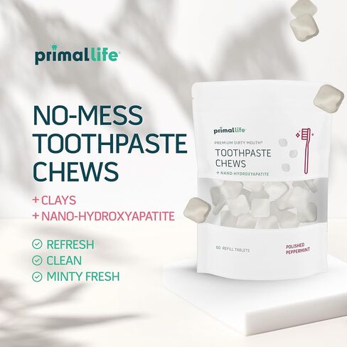 Primal Life Organics Premium Dirty Mouth Toothpaste Chews – Nano-Hydroxyapatite Whitening Toothpaste Tablets for Adults - Gluten Free, Vegan, Paleo - 60 Tablets in Jar - Polished Peppermint in Kuwait