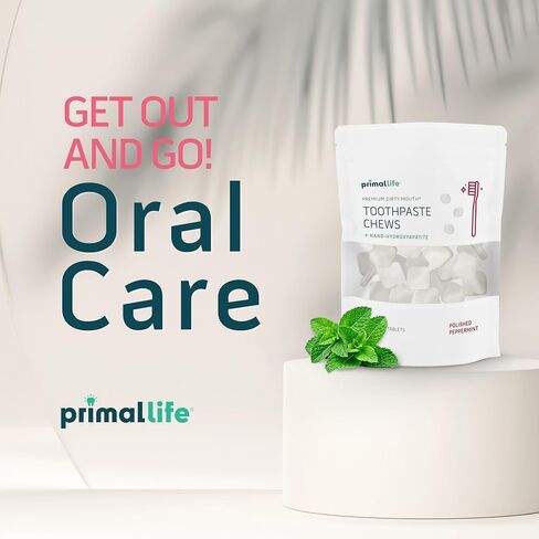 Primal Life Organics Premium Dirty Mouth Toothpaste Chews – Nano-Hydroxyapatite Whitening Toothpaste Tablets for Adults - Gluten Free, Vegan, Paleo - 60 Tablets in Jar - Polished Peppermint in Kuwait