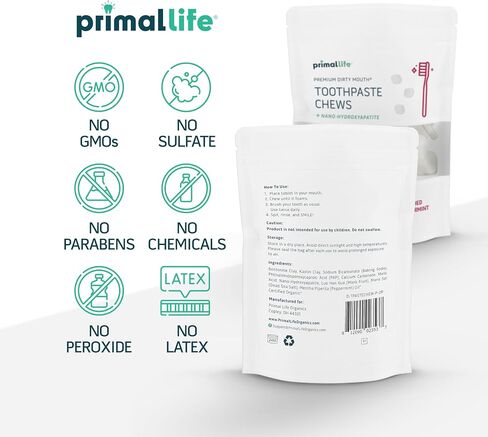 Primal Life Organics Premium Dirty Mouth Toothpaste Chews – Nano-Hydroxyapatite Whitening Toothpaste Tablets for Adults - Gluten Free, Vegan, Paleo - 60 Tablets in Jar - Polished Peppermint in Kuwait