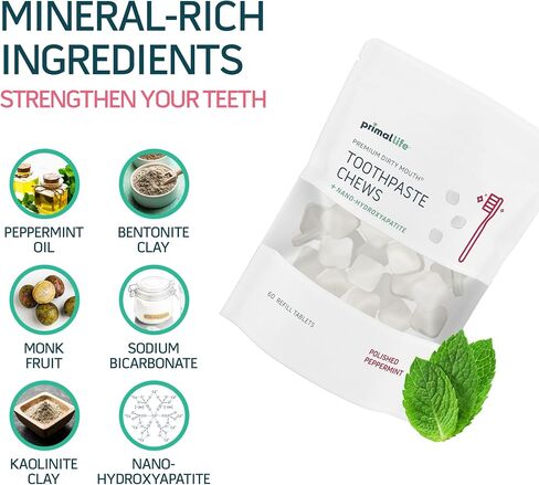 Primal Life Organics Premium Dirty Mouth Toothpaste Chews – Nano-Hydroxyapatite Whitening Toothpaste Tablets for Adults - Gluten Free, Vegan, Paleo - 60 Tablets in Jar - Polished Peppermint in Kuwait