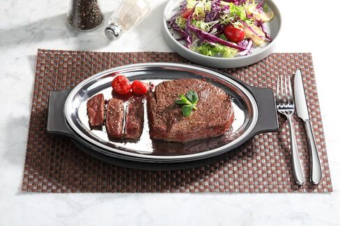 New Star Foodservice 26733 Oval Stainless Steel Sizzling Platter with Insulated Holder, 11.63" x 8", Black in Saudi Arabia