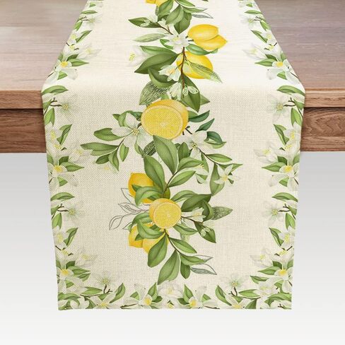 Spring Summer Leaves and Flowers Table Runners, Seasonal Fruit Lemon Kitchen Dining Table Decor, Linen Long Yellow Green Farmhouse Table Decoration Runners 13X72 in in Kuwait