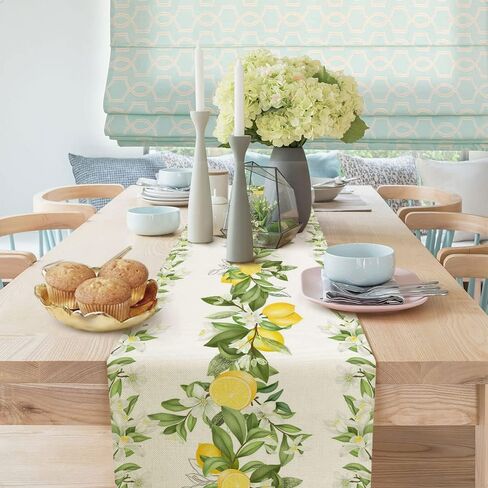 Spring Summer Leaves and Flowers Table Runners, Seasonal Fruit Lemon Kitchen Dining Table Decor, Linen Long Yellow Green Farmhouse Table Decoration Runners 13X72 in in Kuwait