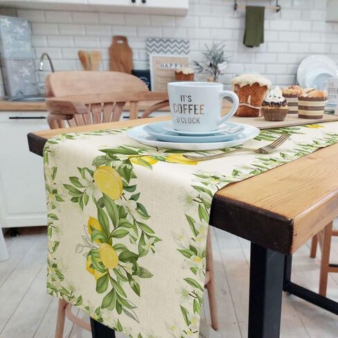 Spring Summer Leaves and Flowers Table Runners, Seasonal Fruit Lemon Kitchen Dining Table Decor, Linen Long Yellow Green Farmhouse Table Decoration Runners 13X72 in in Kuwait