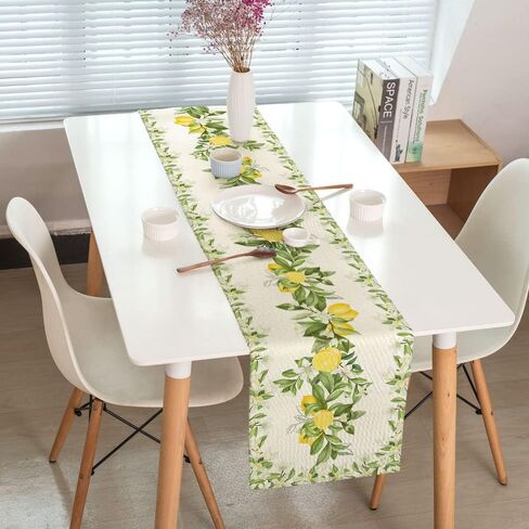 Spring Summer Leaves and Flowers Table Runners, Seasonal Fruit Lemon Kitchen Dining Table Decor, Linen Long Yellow Green Farmhouse Table Decoration Runners 13X72 in in Kuwait
