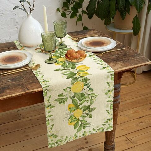 Spring Summer Leaves and Flowers Table Runners, Seasonal Fruit Lemon Kitchen Dining Table Decor, Linen Long Yellow Green Farmhouse Table Decoration Runners 13X72 in in Kuwait