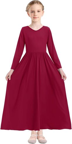 Girls Long Sleeve Praise Dance Dress V-Neck Liturgical Worship Dance Costumes Swing Lyrical Dancewear in Saudi Arabia