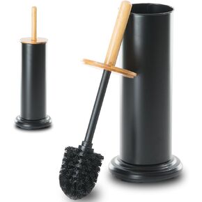 Toilet Bowl Brush and Holder, Toilet Brush with Bamboo Handle and Covered Holder, Dual Brush Options, Weighted Metal Base (Black) in Saudi Arabia