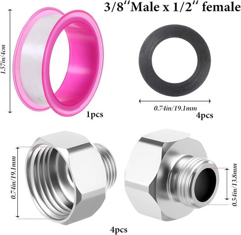 4 PCS 1/2 Female To 3/8 Male Reducer Compression Fitting Brass and Stainless Steel Water Line Adapter with Rubber Washer & Tape Leak-Proof Compression Pipe for Kitchen Bathroom RV Faucet Supply Hose in Saudi Arabia