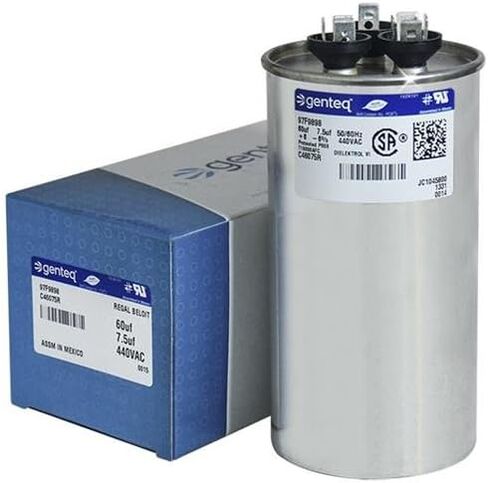 Genteq • 60 + 7.5 UF MFD X 440 VAC GE الاستبدال الصناعي المزدوج جولة # C46075R / 97F9898 in Kuwait
