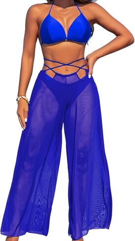 3 Piece Bikini Sets with Mesh Cover Up Pants, Halter Cheeky Thong Swimsuits, Sexy Bathing Suits for Women in Kuwait
