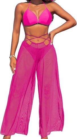3 Piece Bikini Sets with Mesh Cover Up Pants, Halter Cheeky Thong Swimsuits, Sexy Bathing Suits for Women in Kuwait