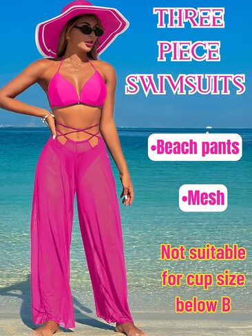 3 Piece Bikini Sets with Mesh Cover Up Pants, Halter Cheeky Thong Swimsuits, Sexy Bathing Suits for Women in Kuwait
