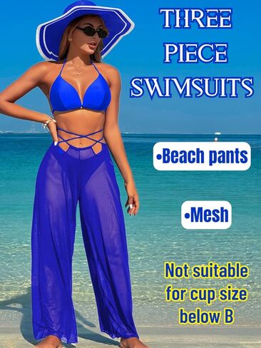 3 Piece Bikini Sets with Mesh Cover Up Pants, Halter Cheeky Thong Swimsuits, Sexy Bathing Suits for Women in Kuwait