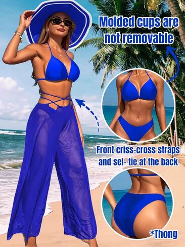 3 Piece Bikini Sets with Mesh Cover Up Pants, Halter Cheeky Thong Swimsuits, Sexy Bathing Suits for Women in Kuwait