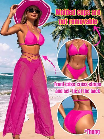 3 Piece Bikini Sets with Mesh Cover Up Pants, Halter Cheeky Thong Swimsuits, Sexy Bathing Suits for Women in Kuwait