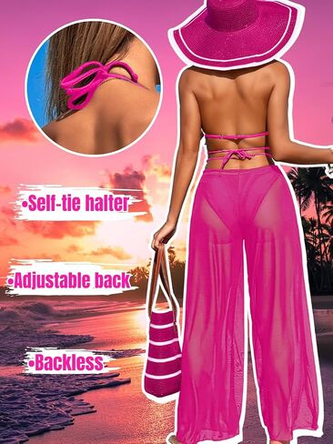 3 Piece Bikini Sets with Mesh Cover Up Pants, Halter Cheeky Thong Swimsuits, Sexy Bathing Suits for Women in Kuwait