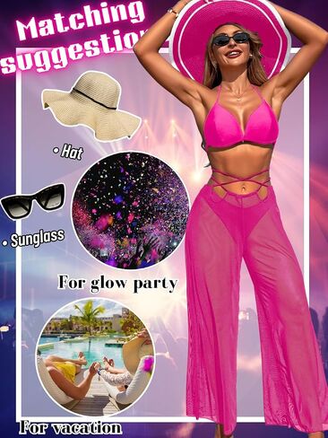 3 Piece Bikini Sets with Mesh Cover Up Pants, Halter Cheeky Thong Swimsuits, Sexy Bathing Suits for Women in Kuwait