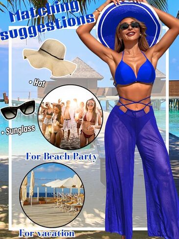 3 Piece Bikini Sets with Mesh Cover Up Pants, Halter Cheeky Thong Swimsuits, Sexy Bathing Suits for Women in Kuwait