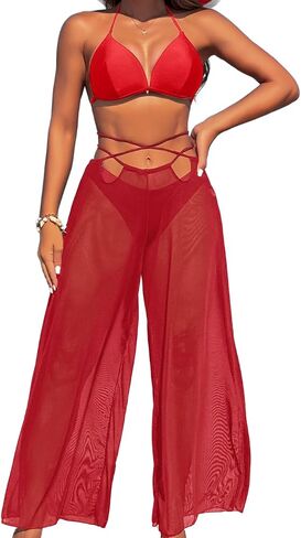 3 Piece Bikini Sets with Mesh Cover Up Pants, Halter Cheeky Thong Swimsuits, Sexy Bathing Suits for Women in Kuwait