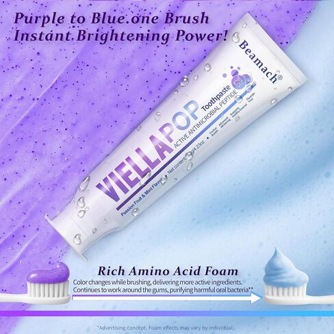 VIELLA POP Purple Toothpaste, Active Antimicrobial Peptide Purple to Blue Foam Whitening Toothpastes with Niacinamide, Fluoride Free, Passion Fruit & Mint Flavor, Appropriate for Sensitive Teeth (1) in Saudi Arabia