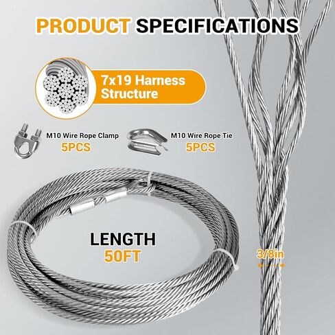50 قدم 3/8 "كابل حبل الأسلاك من الفولاذ المقاوم للصدأ ، و 7 × 19 حبلا ، وقوة كسر 12000 رطل ، وتشمل مقاطع M10 والبصيارات ، وكابل خط السحاب الثقيل لرفع القوارب ، والونش ، والتزوير in Kuwait