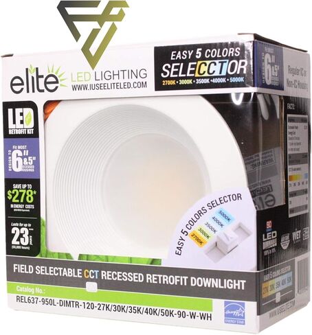 Elite Rel637-CCT LED LED Retrofit Trim ، Color Selecctor 2700K/3000K/3500K/4000K/5000K (White ، 5/6 ") in Kuwait