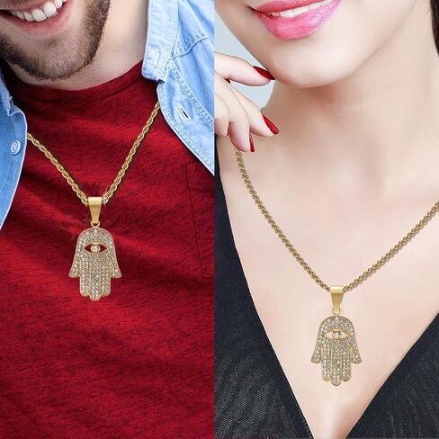 CZ Fully 3D Blue Evil Eye Beads Fatima Hamsa Hand Egyptian Protection Pendant Stainless Steel Necklace, 24 Inch Chain Eye of Horus On Tree Of Life Egyptian Jewelry Gift in Kuwait