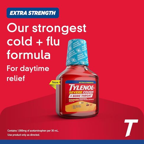 Tylenol Extra Strength Severe Cough + Sore Throat Daytime, Multi Symptom Cold Relief Liquid, Acetaminophen Pain Reliever & Dextromethorphan HBr Cough Suppressant, Cooling Cherry, 8 fl. oz in Saudi Arabia