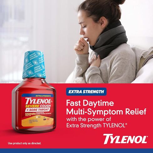Tylenol Extra Strength Severe Cough + Sore Throat Daytime, Multi Symptom Cold Relief Liquid, Acetaminophen Pain Reliever & Dextromethorphan HBr Cough Suppressant, Cooling Cherry, 8 fl. oz in Saudi Arabia